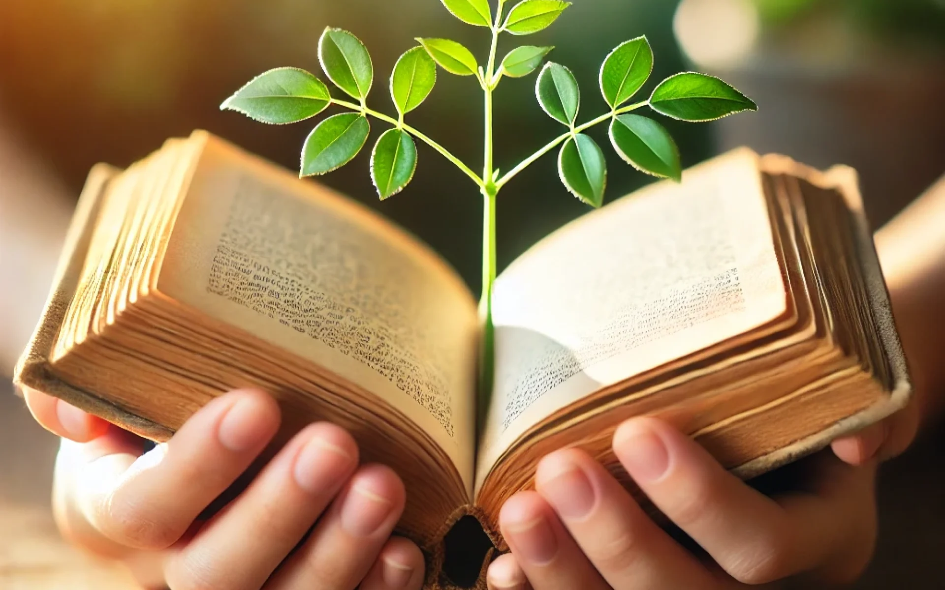 DALL·E 2024-11-20 16.50.45 – A close-up of a book held open by two hands, with a small green plant growing out from its pages. The book is old, with slightly worn pages, symbolizi DALL·E 2024-11-20 16.50.45 - A close-up of a book held open by two hands, with a small green plant growing out from its pages. The book is old, with slightly worn pages, symbolizi